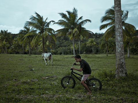 Caio rides his bicycle – his most-prized possession, through a field near his home.