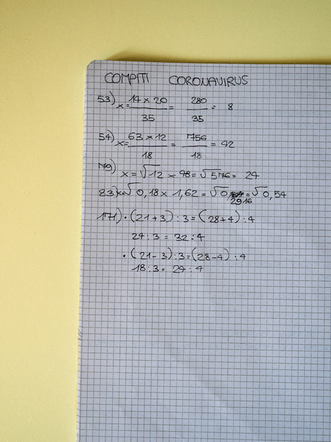 Anna’s notebook reads 'Compiti Coronavirus' (Coronavirus Homework). "Coronavirus has became part of my vocabulary. I have plenty of notebooks where I have home exercises written everywhere."